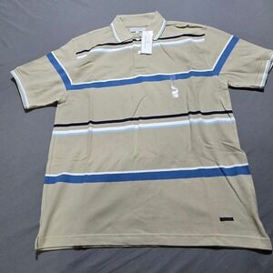 Alex Cannon Polo Shirt Mens Large Tan Blue Striped Short Sleeve 100% Cotton NWT